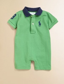 Short-sleeved polo shortall in soft, breathable cotton accented with a ribbed knit collar and applied twill 3 patch.Polo collarShort sleevesFront buttonsBottom snapsCottonMachine washImported Please note: Number of snaps may vary depending on size ordered. Short-sleeved polo shortall in soft, breathable cotton accented with a ribbed knit collar and applied twill 3 patch.Polo collarShort sleevesFront buttonsBottom snapsCottonMachine washImported Please note: Number of snaps may vary depending on size ordered.