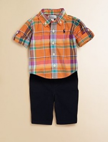 This adorable preppy set includes a madras button-down shirt, cotton chino pants and classic grosgrain belt for a complete ensemble. Shirt Button-down collarLong roll-tab sleeves with barrel cuffsButton front Pants Faux flyElastic-back waistband with belt loops and grosgrain beltTwo hand pocketsBack welt pocketCottonMachine washImported Please note: Number of buttons may vary depending on size ordered. This adorable preppy set includes a madras button-down shirt, cotton chino pants and classic grosgrain belt for a complete ensemble. Shirt Button-down collarLong roll-tab sleeves with barrel cuffsButton front Pants Faux flyElastic-back waistband with belt loops and grosgrain beltTwo hand pocketsBack welt pocketCottonMachine washImported Please note: Number of buttons may vary depending on size ordered.
