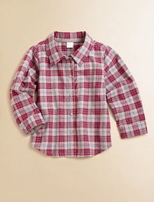 He'll look ultra-handsome in this classic plaid button-down shirt that's clearly too cool for school.Point collarLong sleeves with button cuffsButton-frontShirttail hemCottonMachine washImported Please note: Number of buttons may vary depending on size ordered. 