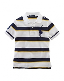 The essential striped cotton mesh polo is detailed with an embroidered Big Pony and a twill 3 for preppy, in-the-game style. The essential striped cotton mesh polo is detailed with an embroidered Big Pony and a twill 3 for preppy, in-the-game style.