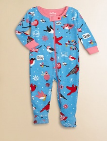 Watch the birdies tweet and chirp on this charming print of soft cotton knit to keep your baby comfy.Ribbed crewneckSnap neck tabFront and leg zipperLong sleeves with contrast ribbed cuffsFeet with non-slip dots on solesCottonMachine washImported Watch the birdies tweet and chirp on this charming print of soft cotton knit to keep your baby comfy.Ribbed crewneckSnap neck tabFront and leg zipperLong sleeves with contrast ribbed cuffsFeet with non-slip dots on solesCottonMachine washImported