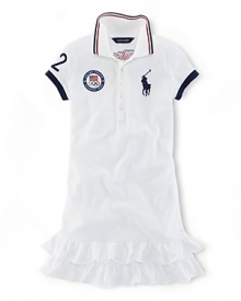 A preppy cap-sleeved polo dress in breathable stretch-cotton mesh is accented with London embroidery, celebrating Team USA's participation in the 2012 Olympics. A preppy cap-sleeved polo dress in breathable stretch-cotton mesh is accented with London embroidery, celebrating Team USA's participation in the 2012 Olympics.