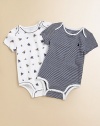 A pack of two adorable bodysuits rendered in ultra-soft printed cotton jersey.Envelope necklineShort sleevesBottom snapsPrinted tag to prevent skin irritationCottonMachine washImported Please note: Number of snaps may vary depending on size ordered. 