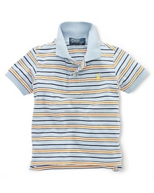 Rendered in lightweight, breathable cotton jersey, a classic polo design features a bold, striped pattern for handsome appeal. Rendered in lightweight, breathable cotton jersey, a classic polo design features a bold, striped pattern for handsome appeal.