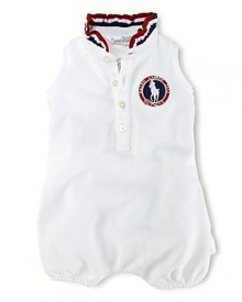 A red, white and blue design finished with USA patching, cute ruffles and embroidered emblems gives a preppy all-American look to an adorable bubble celebrating Team USA's participation in the 2012 Olympics. A red, white and blue design finished with USA patching, cute ruffles and embroidered emblems gives a preppy all-American look to an adorable bubble celebrating Team USA's participation in the 2012 Olympics.