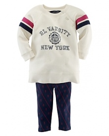 An ultra-comfortable set includes a stylish collegiate-inspired varsity fleece sweatshirt and legging, rendered in a stripe and owl print. An ultra-comfortable set includes a stylish collegiate-inspired varsity fleece sweatshirt and legging, rendered in a stripe and owl print.