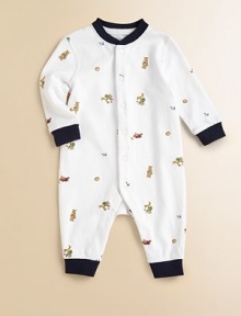 An adorable cotton coverall features an allover print of bears playing rugby for a preppy and sporty look.CrewneckLong sleevesFront snapsConcealed bottom snaps for easy on and offCottonMachine washImported Please note: Number of snaps may vary depending on size ordered. An adorable cotton coverall features an allover print of bears playing rugby for a preppy and sporty look.CrewneckLong sleevesFront snapsConcealed bottom snaps for easy on and offCottonMachine washImported Please note: Number of snaps may vary depending on size ordered.