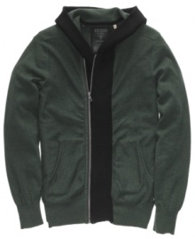Guess puts its signature spin on a favorite - this hooded sweaters makes a classic look cool. Guess puts its signature spin on a favorite - this hooded sweaters makes a classic look cool.