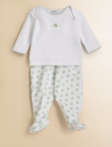 Dainty embroidery and color stitched trim detail the top while a charming allover print styles the footed pants. Pants have elasticized waist Cotton; machine wash Imported Dainty embroidery and color stitched trim detail the top while a charming allover print styles the footed pants. Pants have elasticized waist Cotton; machine wash Imported