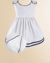 An adorable look for a picnic or a portrait in lightweight cotton piqué with contrasting rick rack trim and a matching diaper cover. Covered button shoulder closures High waist Cotton; machine wash Made in USA Please note: Diaper cover cannot be personalized.FOR PERSONALIZATION Select a quantity, then scroll down and click on PERSONALIZE & ADD TO BAG to choose and preview your personalization options. Please allow 2 to 3 weeks for delivery.