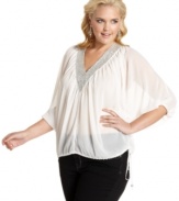 Sparkle from day to night with Baby Phat's three-quarter-sleeve plus size top, accented by a beaded neckline.