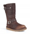 Stylish Ugg booties in dark brown sheep skin - Classic Ugg cut with short shaft - Inspired by classic biker boots - Suede leather at the outside, Warm fur inside - Thick skid-free sole - Perfect cool boots for fall and winter and all cold days and on winter vacation - Pairs with all casual looks