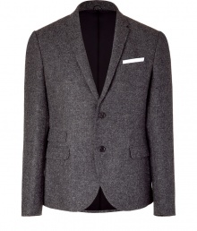 With a collegiate-cool aesthetic, this elegant wool blazer from Neil Barrett exudes urbane style - Narrow notched lapel, long sleeves, buttoned cuffs, double button closures, flap pockets at waist, double back vent - Slim fit - Pair with a sleek button-down and slim trousers or jeans