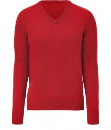 Quietly elegant and effortlessly cool, Jil Sanders red pullover raises the bar on everyday indispensables - Classic  v-neck style, in a soft, densely woven medium-weight Italian wool and camel hair blend - Rib trim at cuffs, collar and sleeves - Slim, straight cut - Versatile and polished, seamlessly transitions from work to weekend - Pair with slim trousers, chinos or dark denim