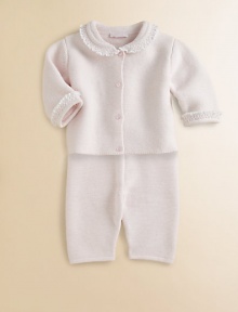 Baby will be cuddle-ready in this precious knit cotton set with smocked trim and matching pants.Round collarLong sleevesFront buttonsElastic waistCottonMachine washImported Please note: Number of buttons may vary depending on size ordered. 