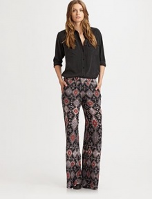 Voluminous wide-leg construction and an abstract tribal print define these airy, downtown-cool pants. Elastic waistbandRise, about 9½Inseam, about 36RayonDry cleanMade in USAModel shown is 5'10 (177cm) wearing US size Small.