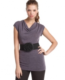 Proof that cozy can be flattering, this belted cowl neck top from BCX features a sweet fitted silhouette in oh-so-soft and stretchy material. A bold flower belt cinches the look to perfection. Proof that cozy can be flattering, this belted cowl neck top from BCX features a sweet fitted silhouette in oh-so-soft and stretchy material. A bold flower belt cinches the look to perfection.