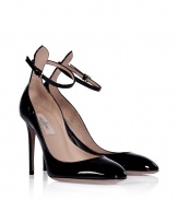 With their flawless black patent leather and sweet rounded toe, Valentinos sensuous stilettos count as an after-hours must - Rounded toe, buckled ankle strap, low-cut sides, stiletto heel - Pair with everything from feminine cocktail dresses to sleek ankle trousers