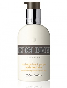 Turn your skin back on. Our instantly absorbed body hydrator re-charges your skin with moisture and condition. Great after showering or exposure to the sun, the spicy fusion of Madagascan black peppercorn oil leaves your skin feeling comfortable and protected, with an understated warm aroma. 6.6 oz. Turn your skin back on. Our instantly absorbed body hydrator re-charges your skin with moisture and condition. Great after showering or exposure to the sun, the spicy fusion of Madagascan black peppercorn oil leaves your skin feeling comfortable and protected, with an understated warm aroma. 6.6 oz.