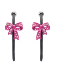 Classic hoops with a flirtatious twist. Betsey Johnson's feminine earrings feature pink enamel bows with sparkling glass stone accents. Set in mixed metal. Approximate diameter: 1-1/2 inches. Classic hoops with a flirtatious twist. Betsey Johnson's feminine earrings feature pink enamel bows with sparkling glass stone accents. Set in mixed metal. Approximate diameter: 1-1/2 inches.