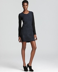 A luxurious suede inset at the front and upper back of this Rebecca Taylor dress lend effortless chic to this evening silhouette, an optimal choice when fashion-forward style is the main event. A luxurious suede inset at the front and upper back of this Rebecca Taylor dress lend effortless chic to this evening silhouette, an optimal choice when fashion-forward style is the main event.