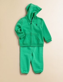 An essential fleece set features a classic full-zip hoodie and matching sweatpants for unbeatable casual style. Hoodie Attached hoodPullover style with front zipLong sleevesRib-knit cuffs and hemSplit kangaroo pockets Pants Elastic waistband with bow detailElastic hem87% cotton/13% polyesterMachine washImported An essential fleece set features a classic full-zip hoodie and matching sweatpants for unbeatable casual style. Hoodie Attached hoodPullover style with front zipLong sleevesRib-knit cuffs and hemSplit kangaroo pockets Pants Elastic waistband with bow detailElastic hem87% cotton/13% polyesterMachine washImported