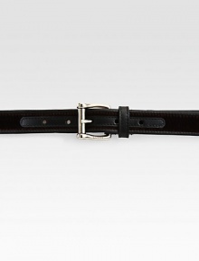 Brown velvet with black leather details and square buckle with embossed Gucci logo.Palladium hardwareLeatherAbout 1 wideMade in Italy