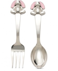 Babies and parents will be tickled pink by Reed & Barton's Gingham Bunny flatware set. Short handles topped with pink-eared rabbits teach – and encourage – your child to feed and help himself!