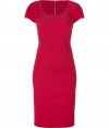 Luxe dress in fine, bright pink cotton stretch blend - Sheath style hits just above the knee and creates a flattering, curve-hugging silhouette - Fitted bodice with wide, round neckline and short sleeves - The sexy, standout detail: back zip extends from nape of neck to hem - Perfect for parties, dressy luncheons and evenings out - Pair with strappy sandals or classic pumps and a clutch