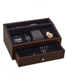 Get him to unload his pockets in one place! Rich mahogany wood and plush suede lining make the Jackson jewelry chest from Reed & Barton the best place to put a wallet, cell phone, change and more. With a divided drawer for rings and chains. Get him to unload his pockets in one place! Rich mahogany wood and plush suede lining make the Jackson jewelry chest from Reed & Barton the best place to put a wallet, cell phone, change and more. With a divided drawer for rings and chains.