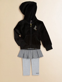 The velour hoodie that started a mini fashion revolution is paired with a pair of skirted leggings for a pretty, cozy ensemble. Hoodie Attached hoodLong sleevesZip-frontSplit kangaroo pocketLeggings Elastic waistbandAttached skirtHoodie: CottonLeggings: 96% cotton/4% spandexMachine washImported The velour hoodie that started a mini fashion revolution is paired with a pair of skirted leggings for a pretty, cozy ensemble. Hoodie Attached hoodLong sleevesZip-frontSplit kangaroo pocketLeggings Elastic waistbandAttached skirtHoodie: CottonLeggings: 96% cotton/4% spandexMachine washImported
