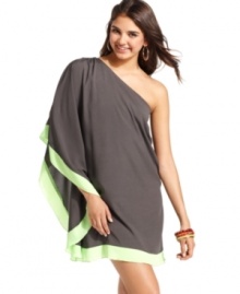 Neon trims pop against the smoky hue of a draped, one-shoulder dress that's all about toga style! From REIGN.