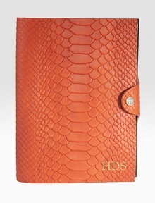 This python-embossed, leather-bound notebook with a snap-tab closure is perfect for everyday note-taking, list-making or journal-writing.LeatherIncludes 176 perforated, lined pagesAbout 5.5 X 7.5Made in USAFOR PERSONALIZATION Select a quantity, then scroll down and click on PERSONALIZE & ADD TO BAG to choose and preview your personalization options. Please allow 1 week for delivery.