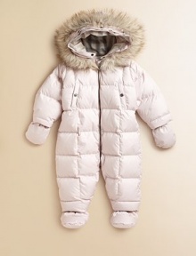 Keep your snow bunny warm in this quilted, weather-resistant design, finished with a faux fur-trimmed hood. Hood with checked lining Detachable fur trim Front zip closure Long sleeves with mittens Front slash snap pockets Attached booties Polyester fill Polyester Machine wash ImportedPlease note: Number of buttons/snaps may vary by size ordered. Keep your snow bunny warm in this quilted, weather-resistant design, finished with a faux fur-trimmed hood. Hood with checked lining Detachable fur trim Front zip closure Long sleeves with mittens Front slash snap pockets Attached booties Polyester fill Polyester Machine wash ImportedPlease note: Number of buttons/snaps may vary by size ordered.