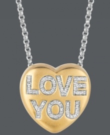 Add a little romance. Sweethearts' adorable heart pendant features the sweet words, LOVE YOU in round-cut diamond (1/6 ct. t.w.). Set in 14k gold over sterling silver and sterling silver. Copyright © 2011 New England Confectionery Company. Approximate length: 16 inches + 2-inch extender. Approximate drop: 5/8 inch. Add a little romance. Sweethearts' adorable heart pendant features the sweet words, LOVE YOU in round-cut diamond (1/6 ct. t.w.). Set in 14k gold over sterling silver and sterling silver. Copyright © 2011 New England Confectionery Company. Approximate length: 16 inches + 2-inch extender. Approximate drop: 5/8 inch.