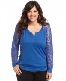 Update your casual wear with this chic plus size top from ING. A henley neckline and sheer lace sleeves add style to your look!