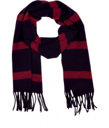 Quietly elegant and effortlessly cool, Jil Sanders dark blue and red wool scarf ups the ante on preppy chic - Supremely soft, lighter weight knit in a rich, classically cool stripe - Decorative fringe trim at hem - Moderately long and wide and ultra-versatile - Pair with everything from cashmere pullovers and jeans to leather jackets and dress trousers Quietly elegant and effortlessly cool, Jil Sanders dark blue and red wool scarf ups the ante on preppy chic - Supremely soft, lighter weight knit in a rich, classically cool stripe - Decorative fringe trim at hem - Moderately long and wide and ultra-versatile - Pair with everything from cashmere pullovers and jeans to leather jackets and dress trousers