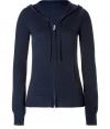 Raise the bar on contemporary classics with Closeds navy cashmere knit hoodie - Slim cut, zip up style, with a drawstring hood, banded waist and front kangaroo pocket - Extra-long sleeves bell gently at cuffs - Casually cool, great for everyday leisure in lieu of a traditional pullover or sweatshirt - Pair with a miniskirt, shorts, or cuffed boyfriend jeans