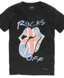 Rock out your wardrobe with this RIFF T shirt featuring the iconography of The Rolling Stones. Rock out your wardrobe with this RIFF T shirt featuring the iconography of The Rolling Stones.