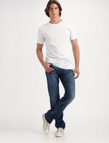 A striking vintage look in 9.5-ounce stretch denim, finished with a slight tint, high-contrast whiskers and a remarkably soft touch. Five-pocket design Button fly Embroidered design on the back pockets Inseam, about 33 89% cotton/11% polyester Machine wash Made in USA A striking vintage look in 9.5-ounce stretch denim, finished with a slight tint, high-contrast whiskers and a remarkably soft touch. Five-pocket design Button fly Embroidered design on the back pockets Inseam, about 33 89% cotton/11% polyester Machine wash Made in USA