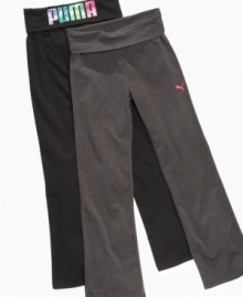 Perfect for bringing her casual style to all of her workouts, these Puma foldover yoga pants are a perfectly comfy look. Perfect for bringing her casual style to all of her workouts, these Puma foldover yoga pants are a perfectly comfy look.