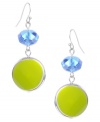 Amp up your look with this hot accessory. Haskell's bold earring style features a faceted blue bead and a green enamel disc. Set in silver tone mixed metal. Approximate drop: 2 inches.