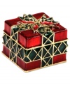 A perfect gift. This red present holiday keepsake box from Jones New York is crafted from mixed metal with colorful details adding a vibrant touch. Approximate length: 1-1/2 inches. Approximate width: 1 inch.
