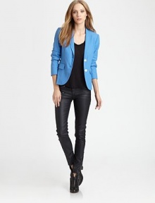 A pop of color freshens this impeccably tailored button-front jacket with front flap pockets. Notch collarLong sleeves with button cuffsButton front closuresFront flap pocketsBack ventFully linedAbout 23 from shoulder to hemCotton/polyamide/elastaneDry cleanMade in USA of imported fabricModel shown is 5'9 (175cm) wearing US size 4.