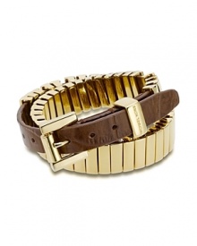 Wrap up your day-to-day look with MICHAEL Michael Kors' glamour-rich bracelet. Slip on the leather-trimmed style with a camel coat and oversized shades for a cool take on classic. Wrap up your day-to-day look with MICHAEL Michael Kors' glamour-rich bracelet. Slip on the leather-trimmed style with a camel coat and oversized shades for a cool take on classic.