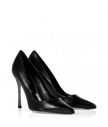 These classic pumps from Sergio Rossi will amp up any ensemble - Pointed toe, smooth black leather, high stiletto heel - Wear with a blouse and sleek trousers or a cocktail sheath