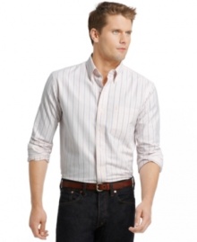 Fine stripes and a peached finish for a soft, shiny luster give this shirt a style that stands out from the crowd. Fine stripes and a peached finish for a soft, shiny luster give this shirt a style that stands out from the crowd.
