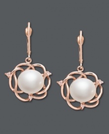 Rose petal perfection. These stunning drop earrings feature a cultured freshwater pearl center (9-11 mm) surrounded by swirls of 14k rose gold and sparkling diamond accents. Approximate drop: 1-1/2 inch. Rose petal perfection. These stunning drop earrings feature a cultured freshwater pearl center (9-11 mm) surrounded by swirls of 14k rose gold and sparkling diamond accents. Approximate drop: 1-1/2 inch.