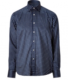 Bring stylish whimsy to your workweek look with this fun polka dot print button down from Etro - Small spread collar, long sleeves, front button placket, curved hem, all-over dot print - Pair with jeans, chinos, corduroys, or slim trousers