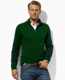 Rendered in luxuriously soft cashmere-like cotton, this long-sleeved mockneck pullover is tailored for a comfortable, classic fit with contrast stripes for the epitome of handsome, polished style. Rendered in luxuriously soft cashmere-like cotton, this long-sleeved mockneck pullover is tailored for a comfortable, classic fit with contrast stripes for the epitome of handsome, polished style.
